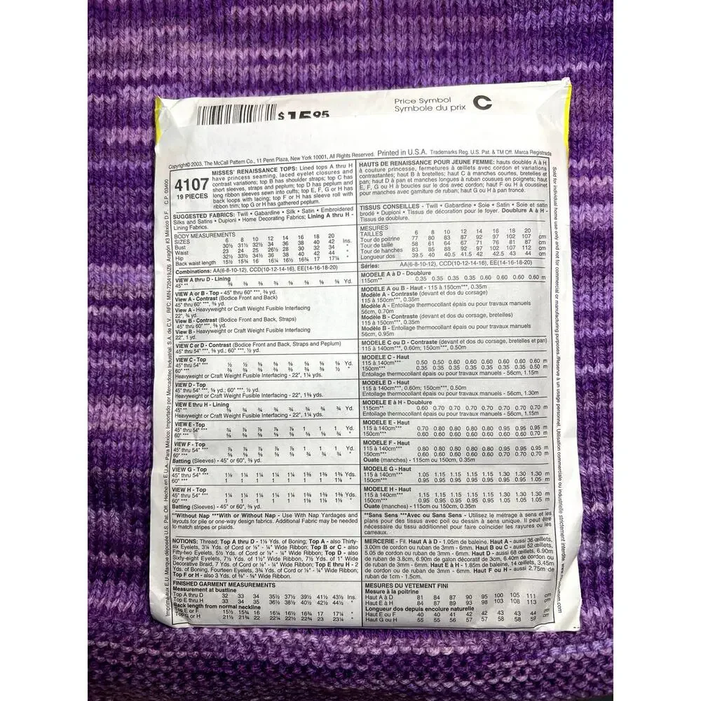 McCalls 4107 sewing pattern Renaissance tops size 14 16 18 20